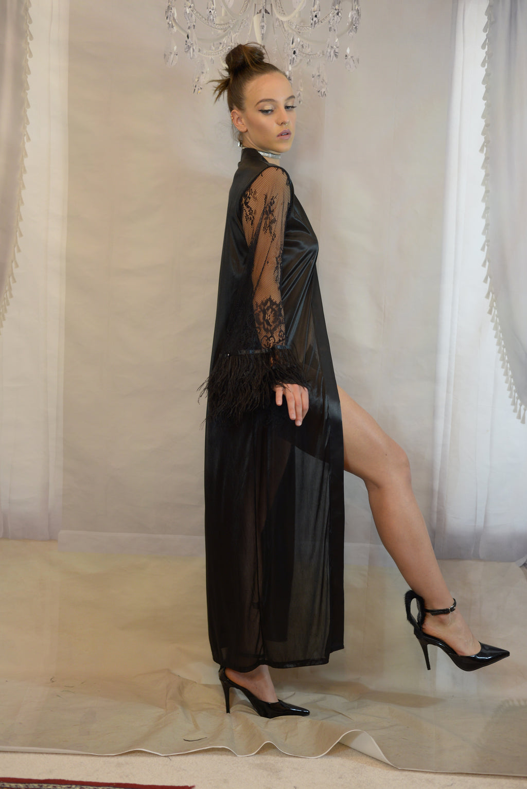 Satin Robe Set with Ostrich Feather Trim