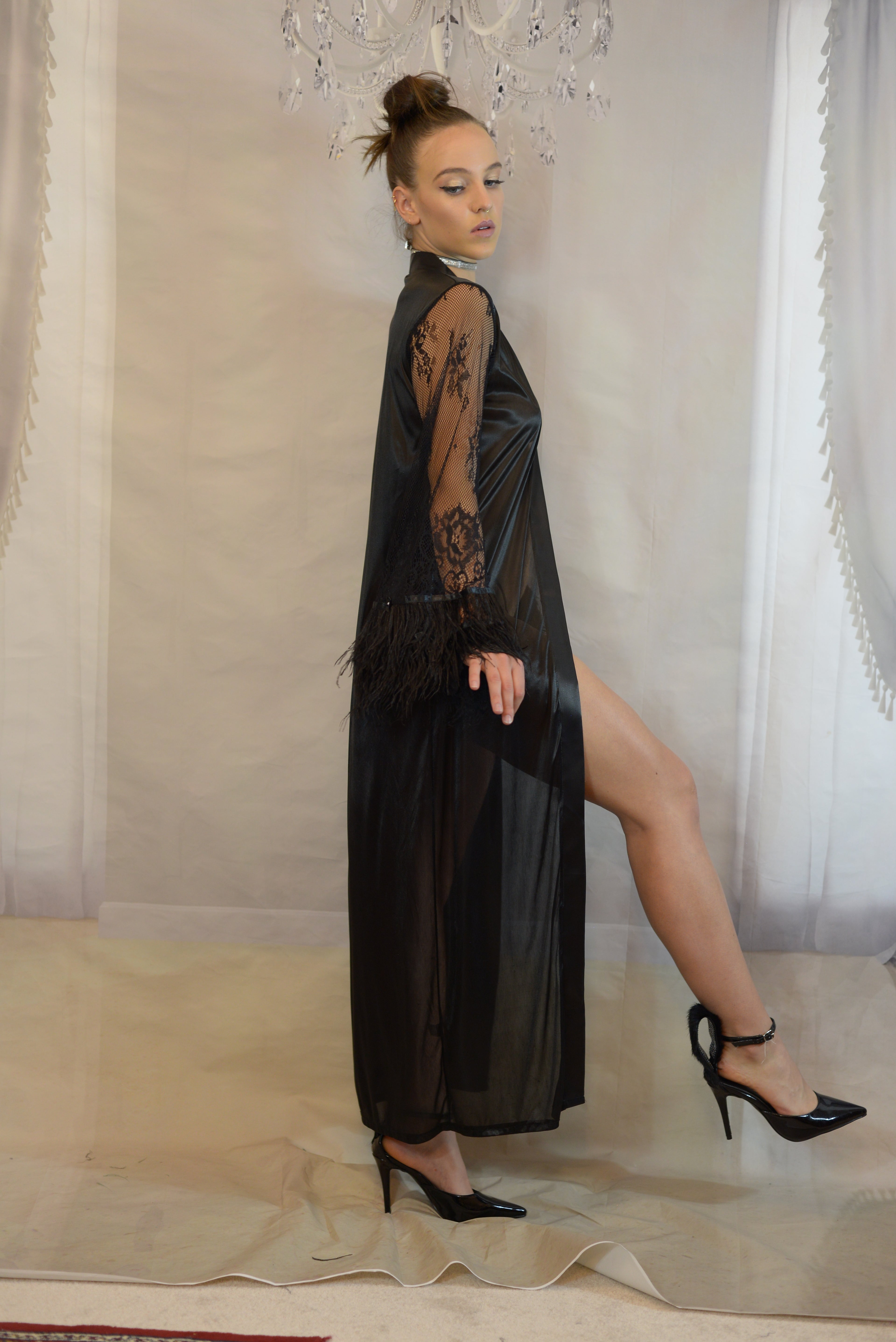 Satin Robe Set with Ostrich Feather Trim