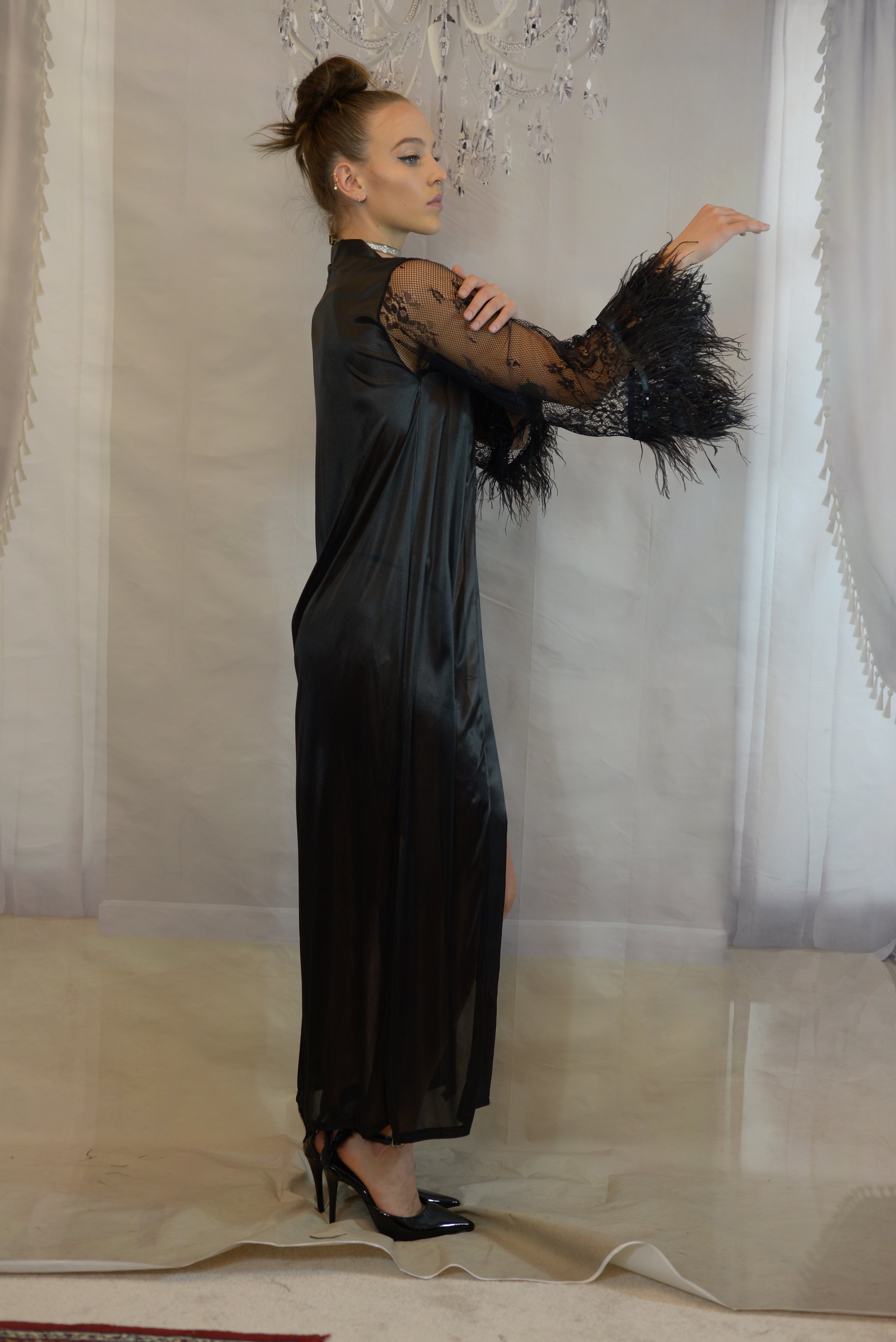 Satin Robe Set with Ostrich Feather Trim