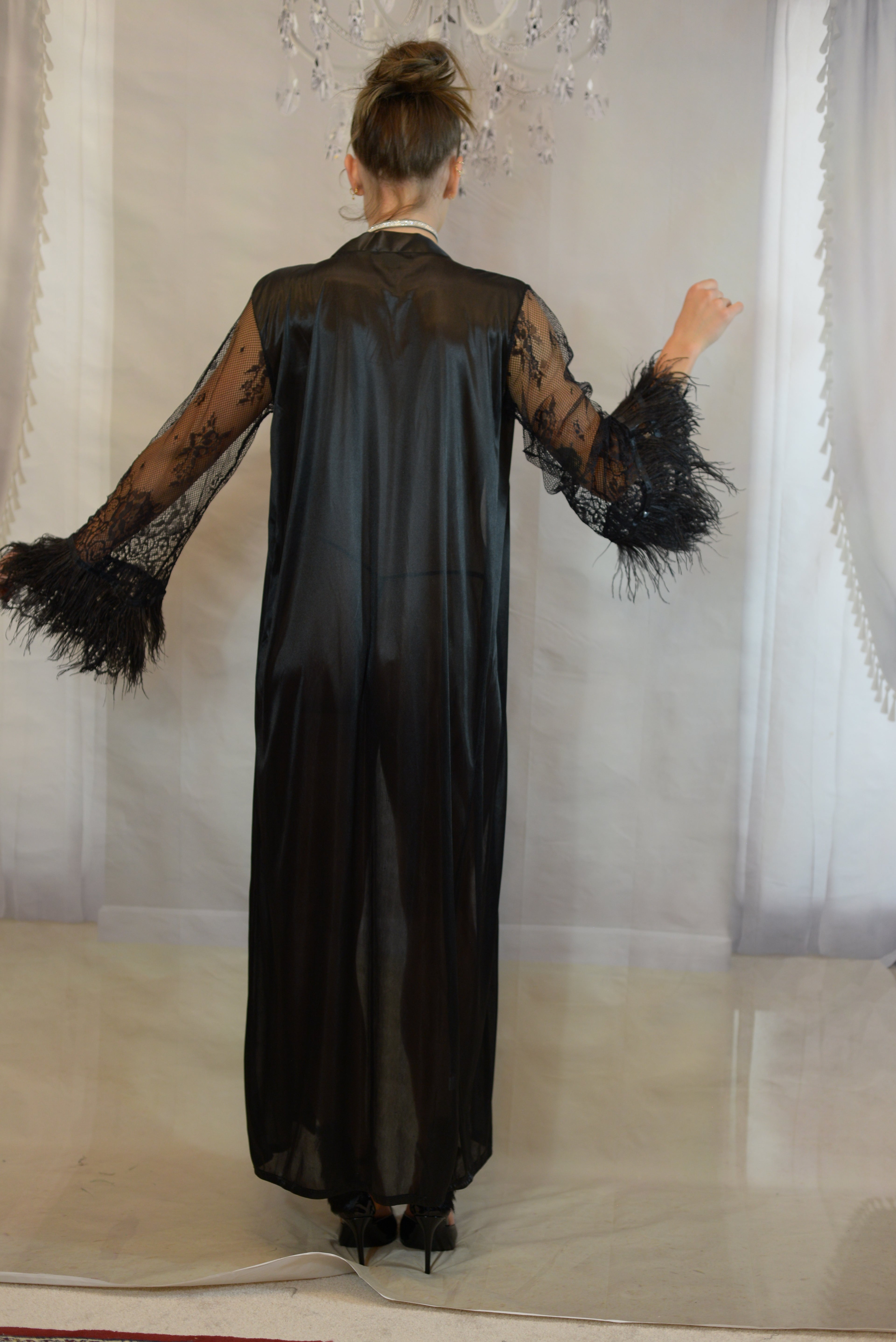 Satin Robe Set with Ostrich Feather Trim