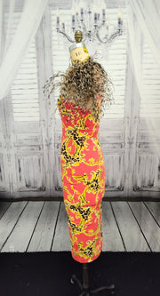 Red/Gold/Black bodycon dress with Stenciled Ostrich Feather Sleeves