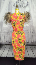 Red/Gold/Black bodycon dress with Stenciled Ostrich Feather Sleeves