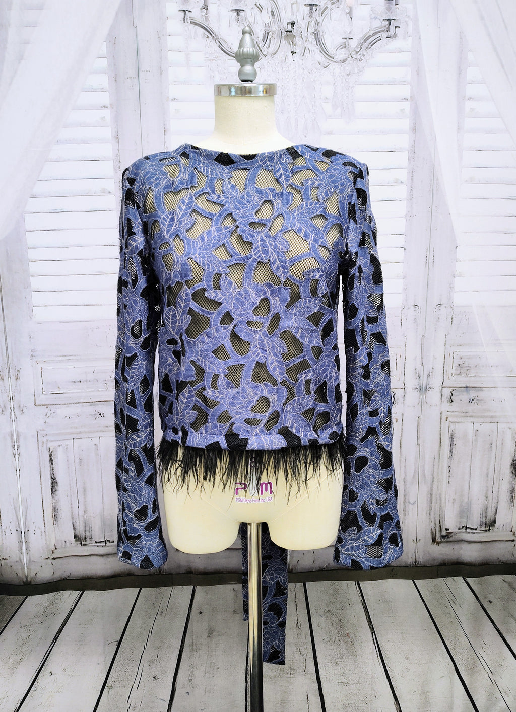 Denim Lace Mesh Top with Ostrich Feather Cuffs & Hem