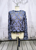 Denim Lace Mesh Top with Ostrich Feather Cuffs & Hem