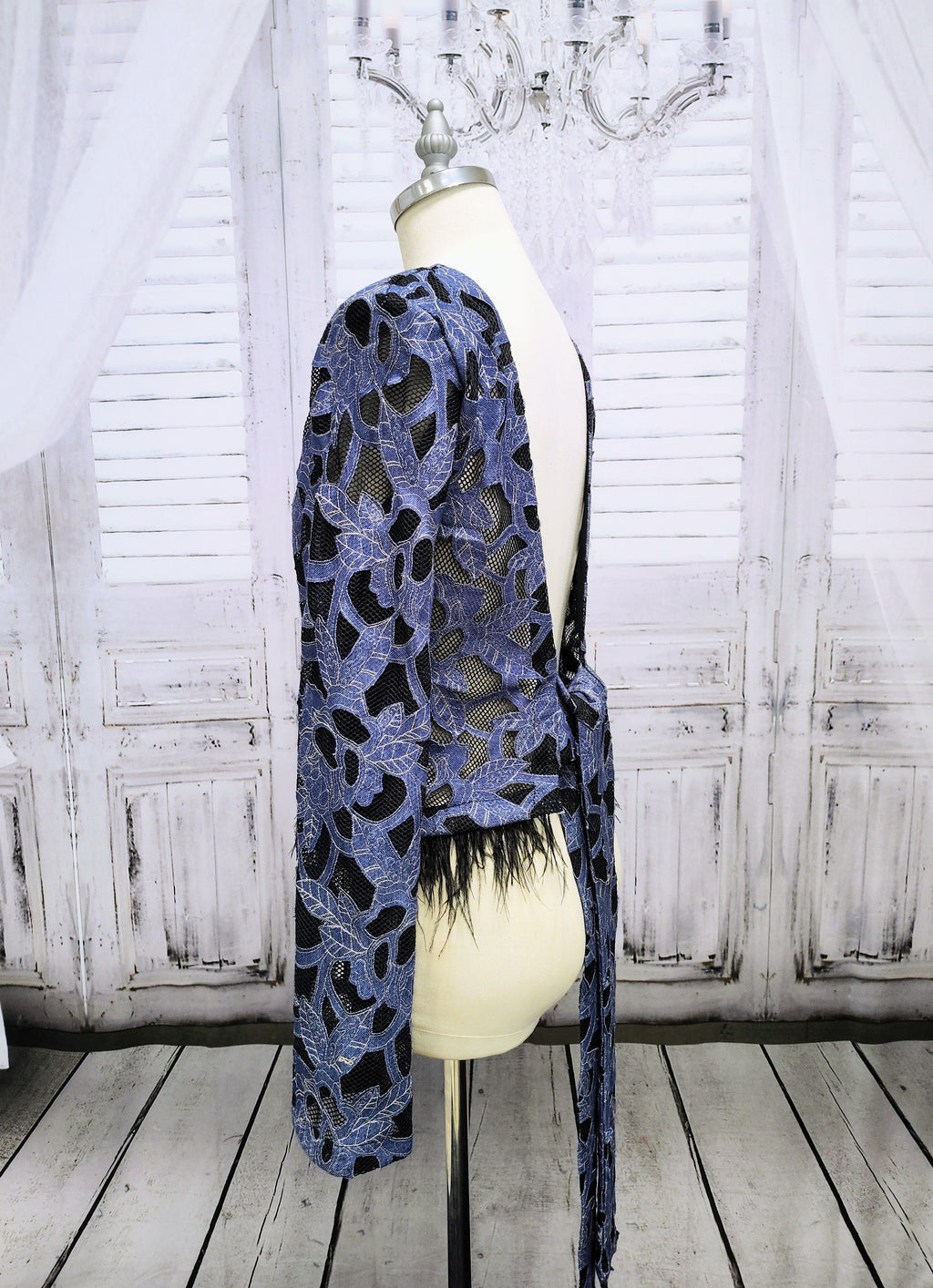 Denim Lace Mesh Top with Ostrich Feather Cuffs & Hem