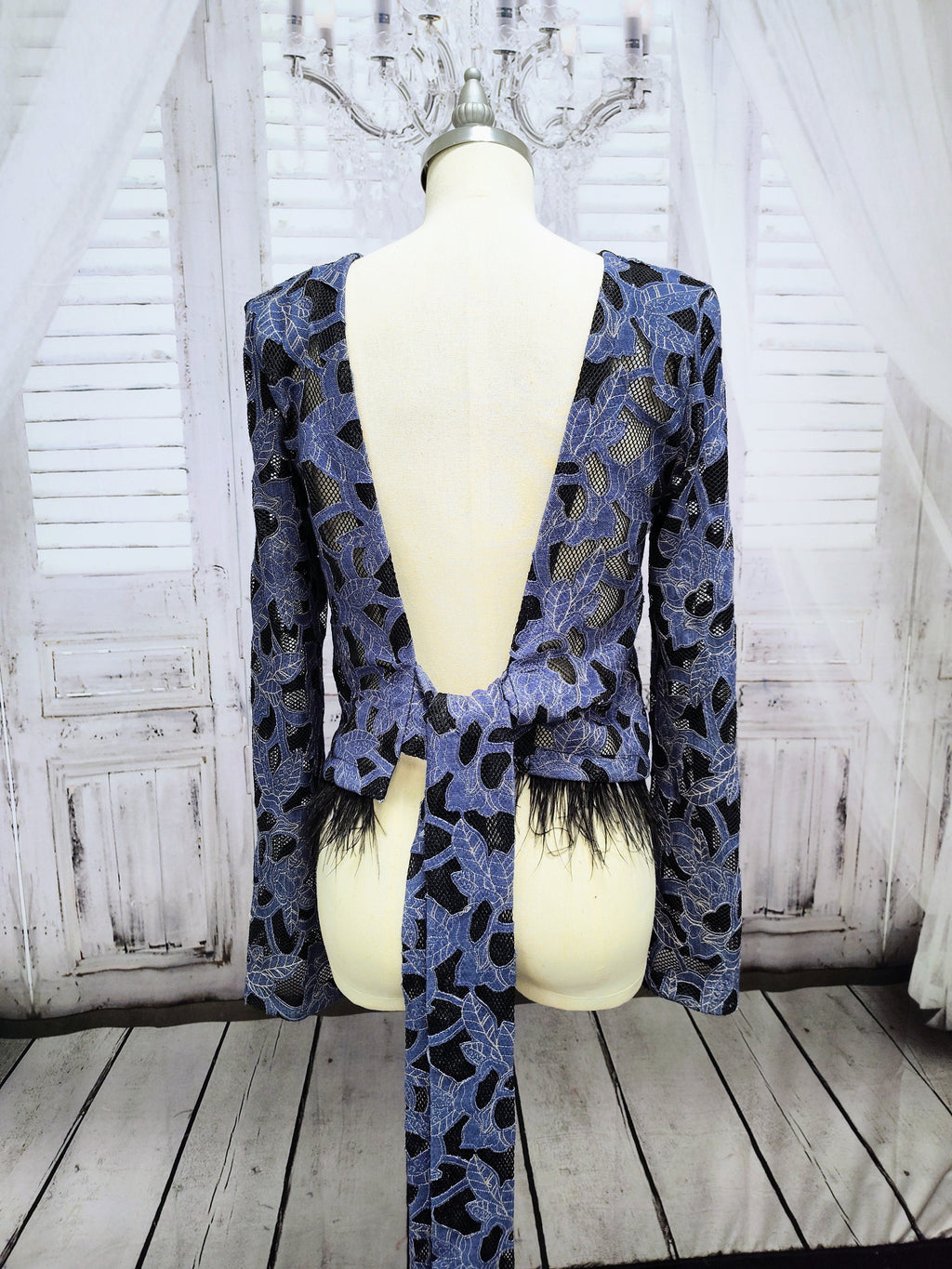 Denim Lace Mesh Top with Ostrich Feather Cuffs & Hem