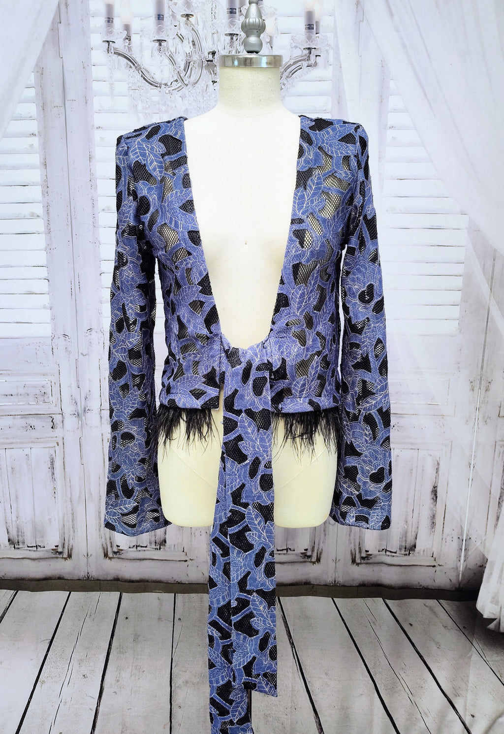 Denim Lace Mesh Top with Ostrich Feather Cuffs & Hem