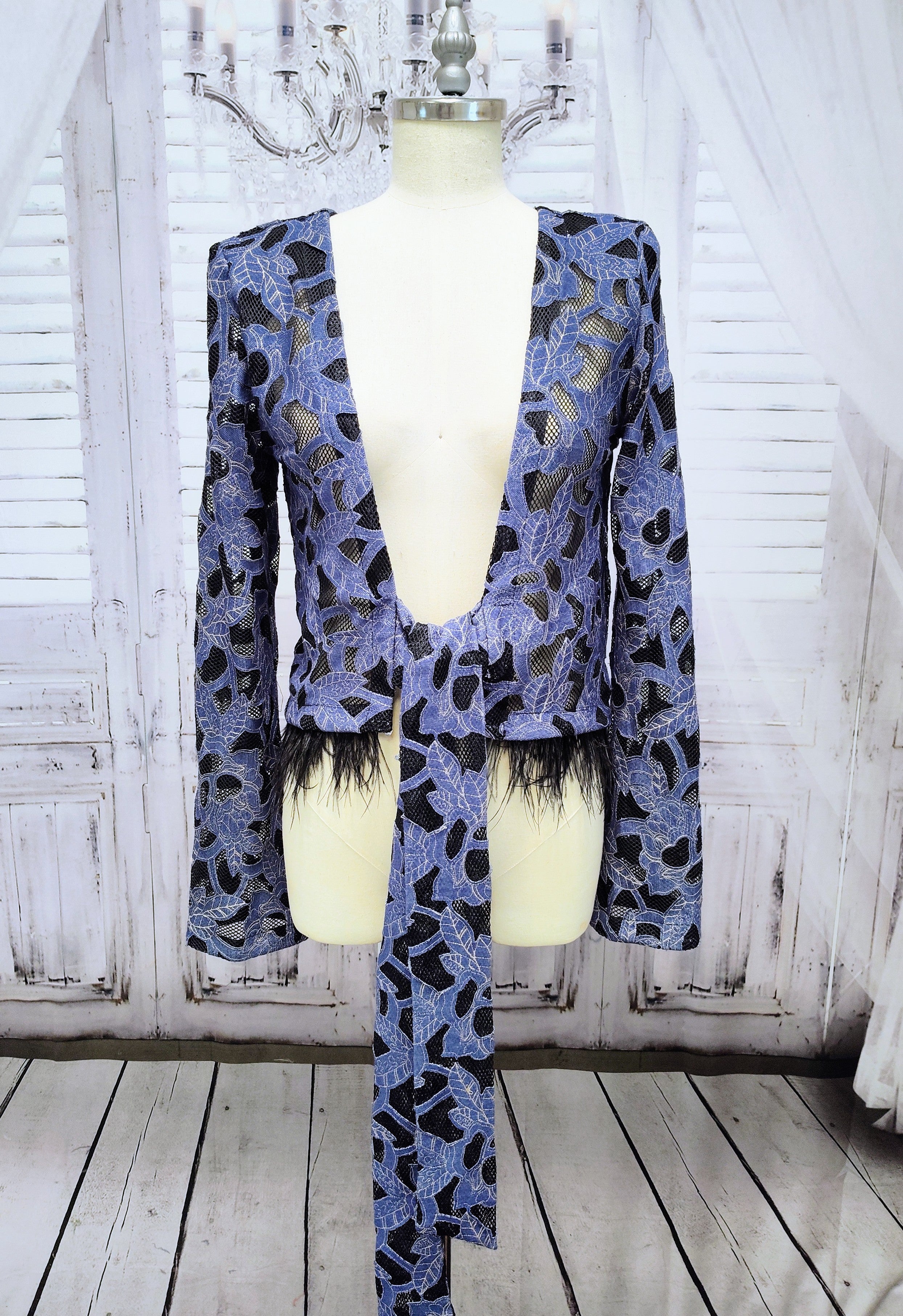 Denim Lace Mesh Top with Ostrich Feather Cuffs & Hem