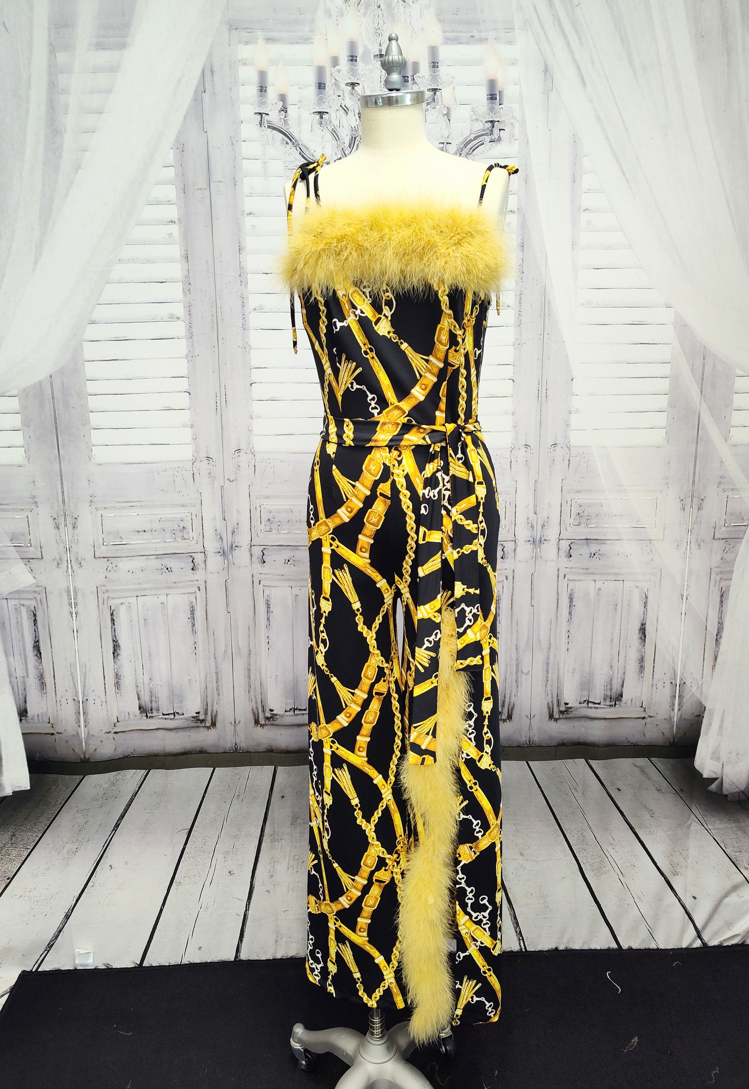 Marabou Feather Trim Jumpsuit with Slit