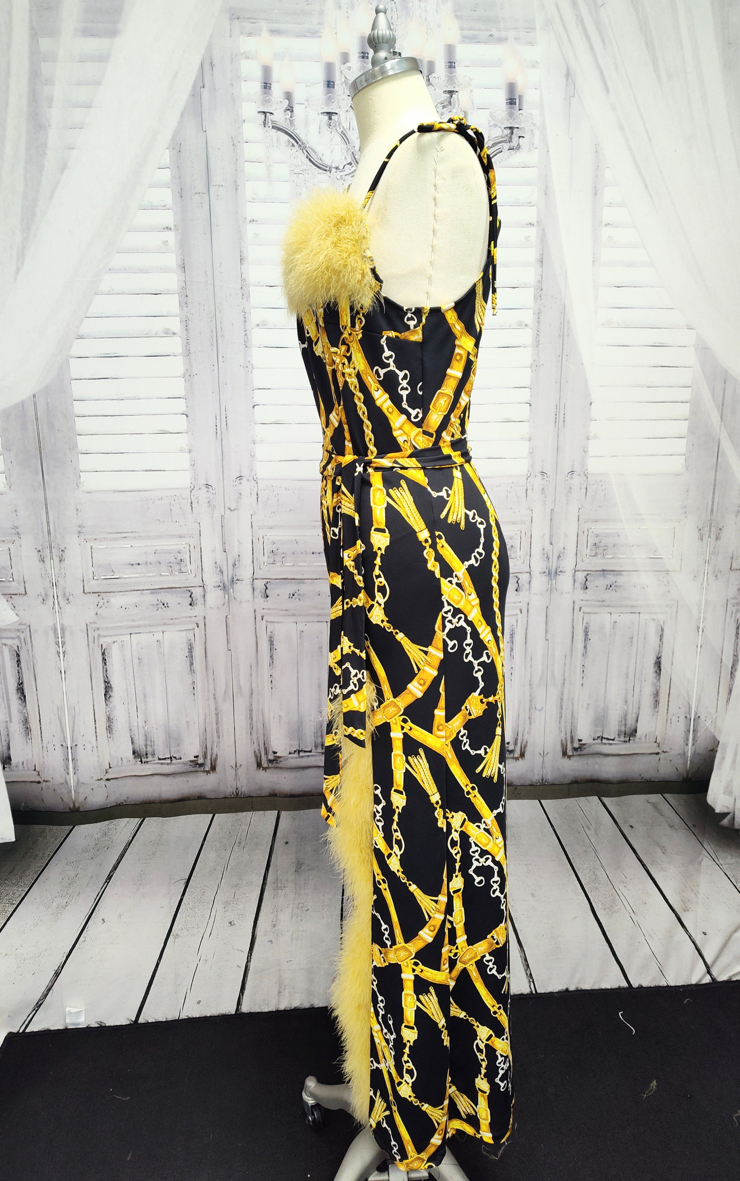 Marabou Feather Trim Jumpsuit with Slit