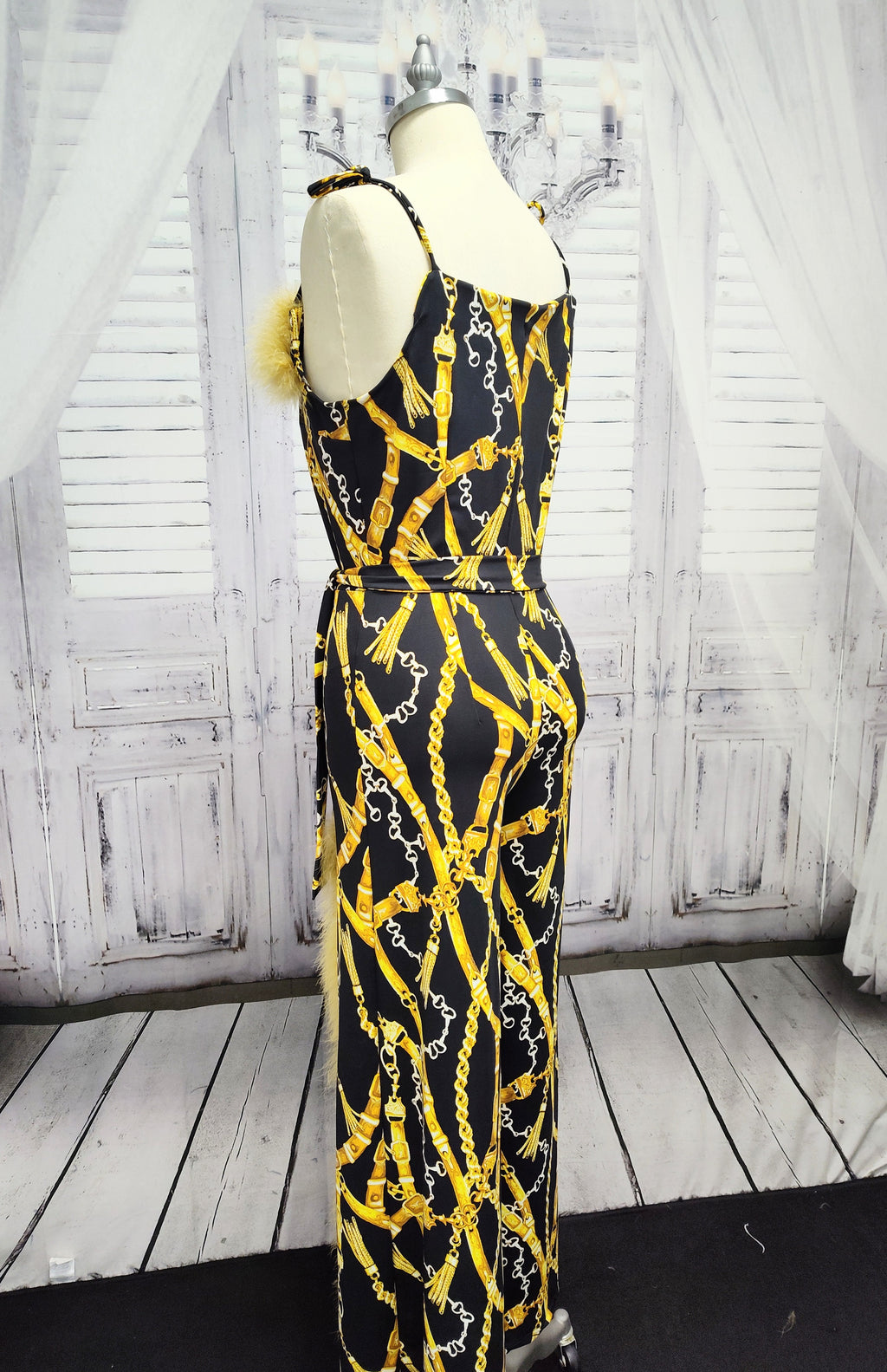 Marabou Feather Trim Jumpsuit with Slit