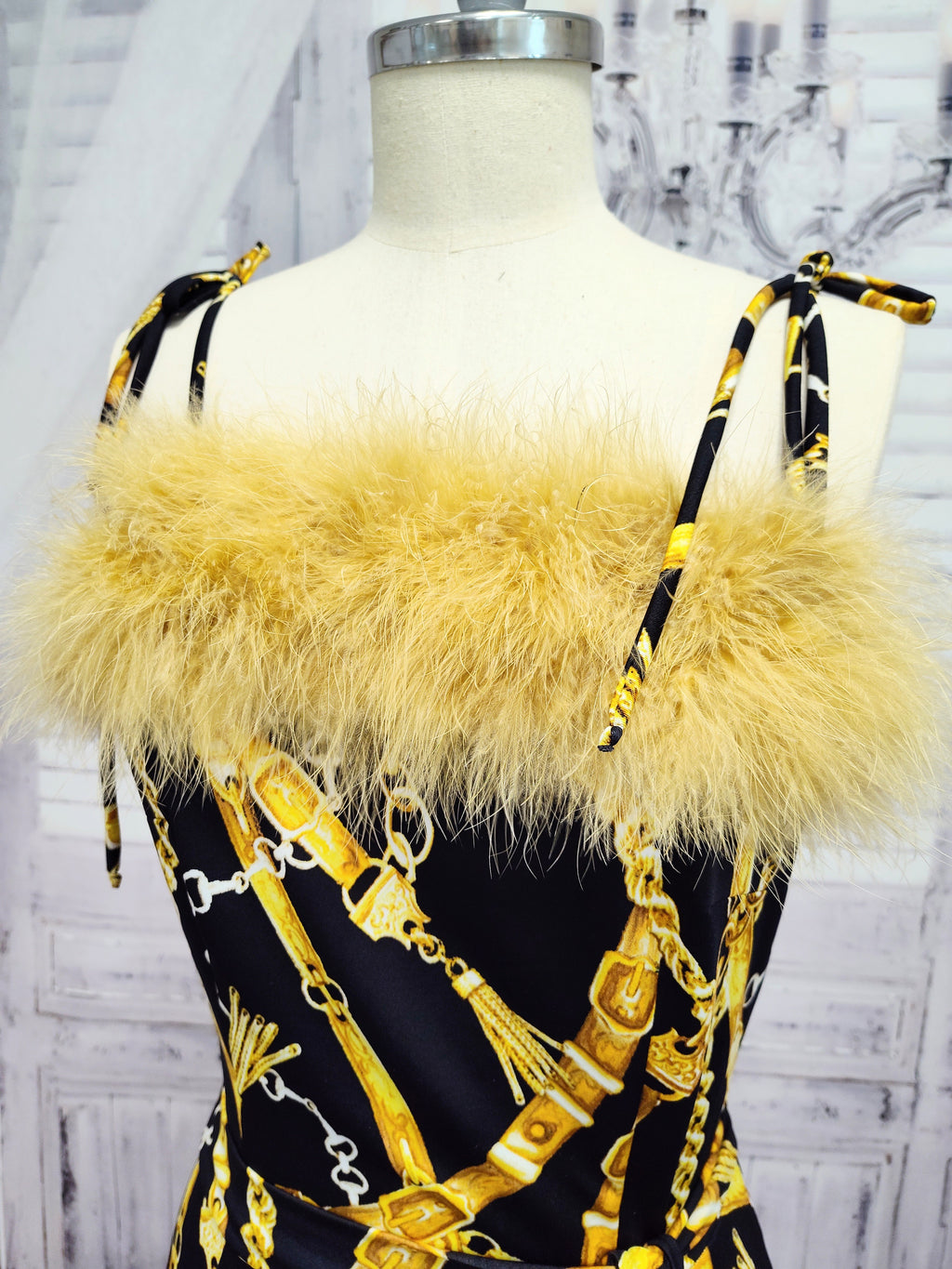 Marabou Feather Trim Jumpsuit with Slit