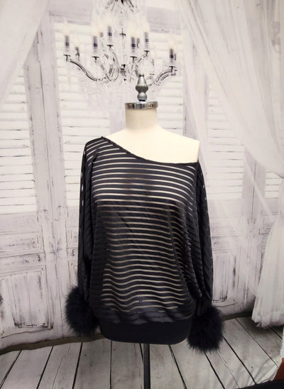 Sheer Striped Batwing Sleeve Top with Marabou Feather Cuffs