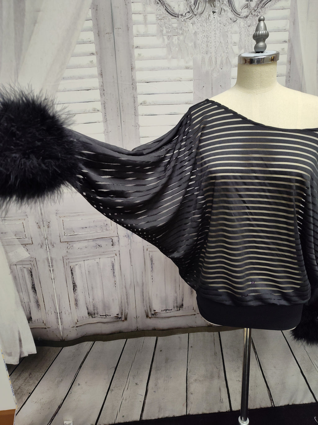 Sheer Striped Batwing Sleeve Top with Marabou Feather Cuffs