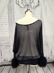 Sheer Striped Batwing Sleeve Top with Marabou Feather Cuffs