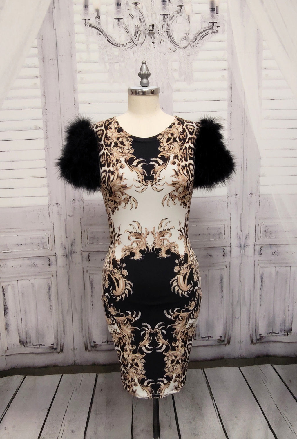 Marabou Feather Puff Short Sleeve Bodycon Dress