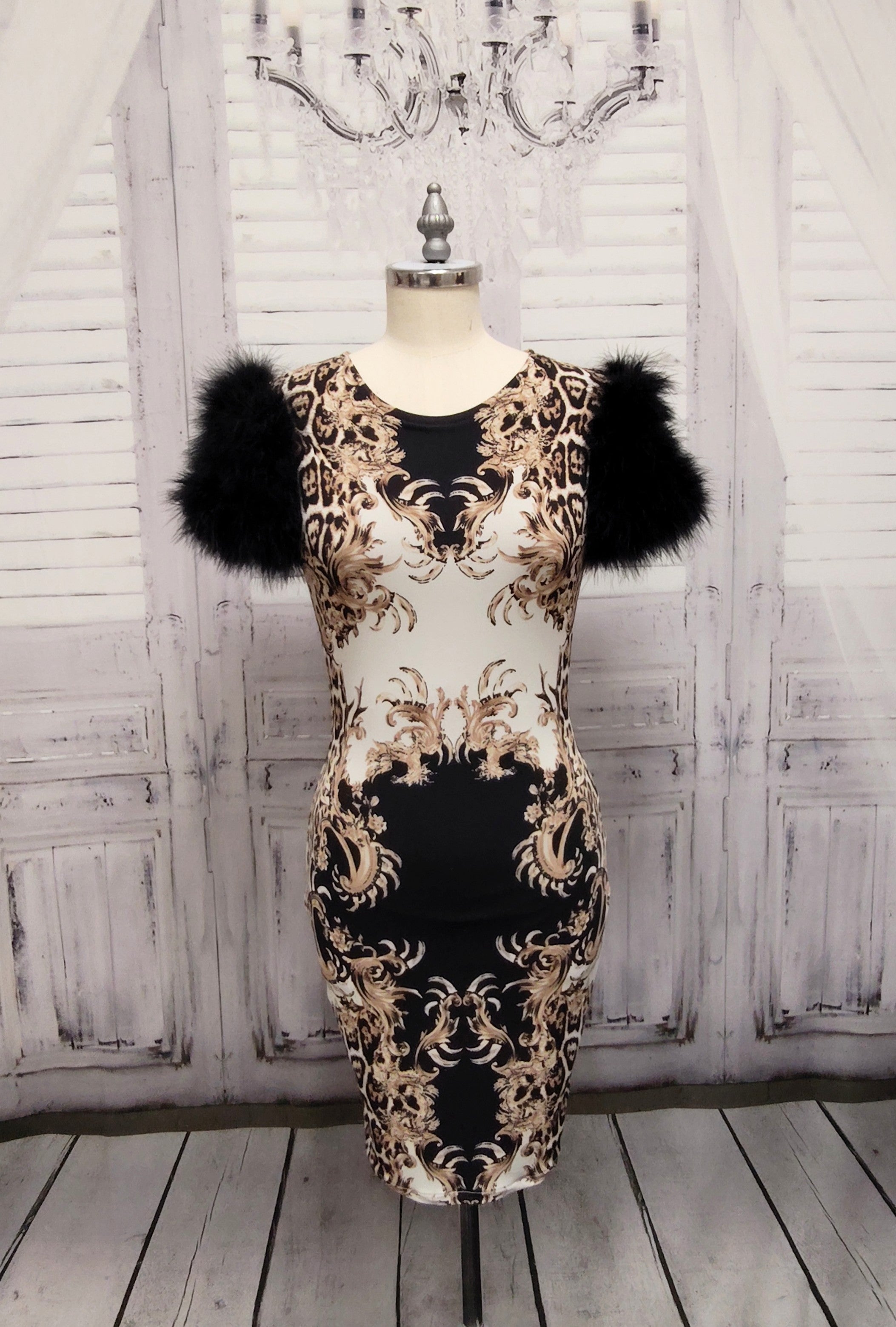 Marabou Feather Puff Short Sleeve Bodycon Dress