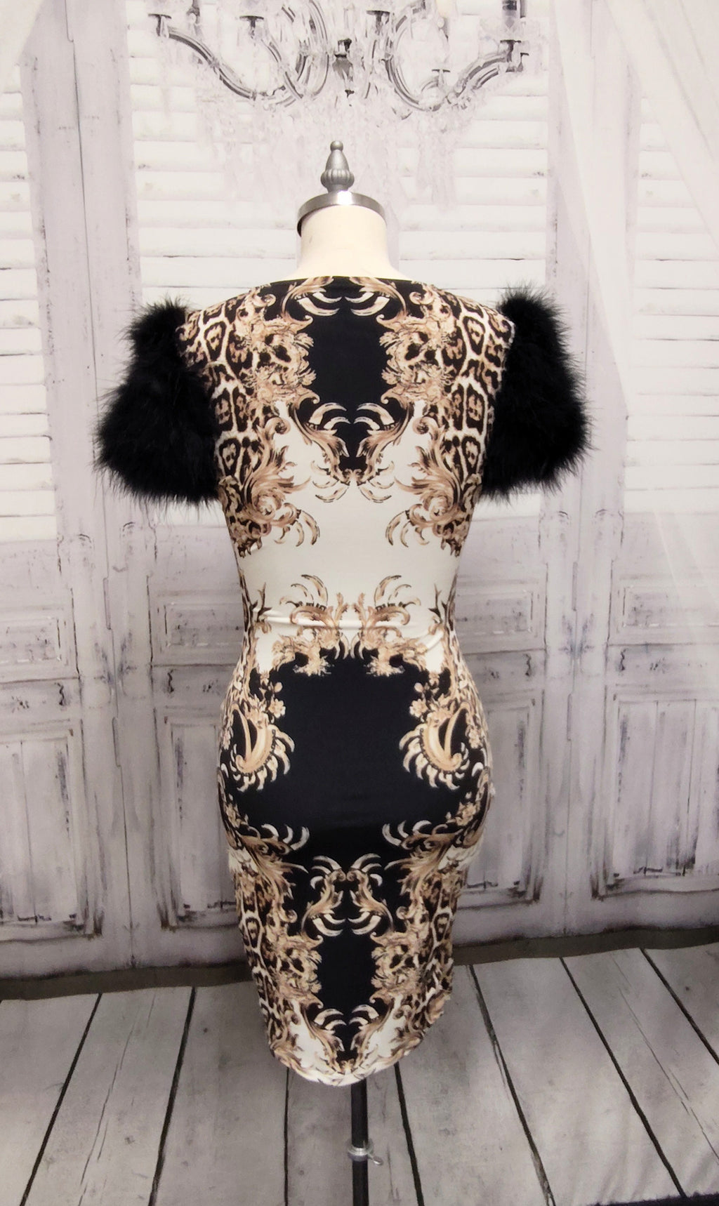 Marabou Feather Puff Short Sleeve Bodycon Dress