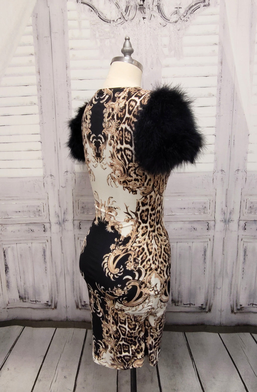 Marabou Feather Puff Short Sleeve Bodycon Dress