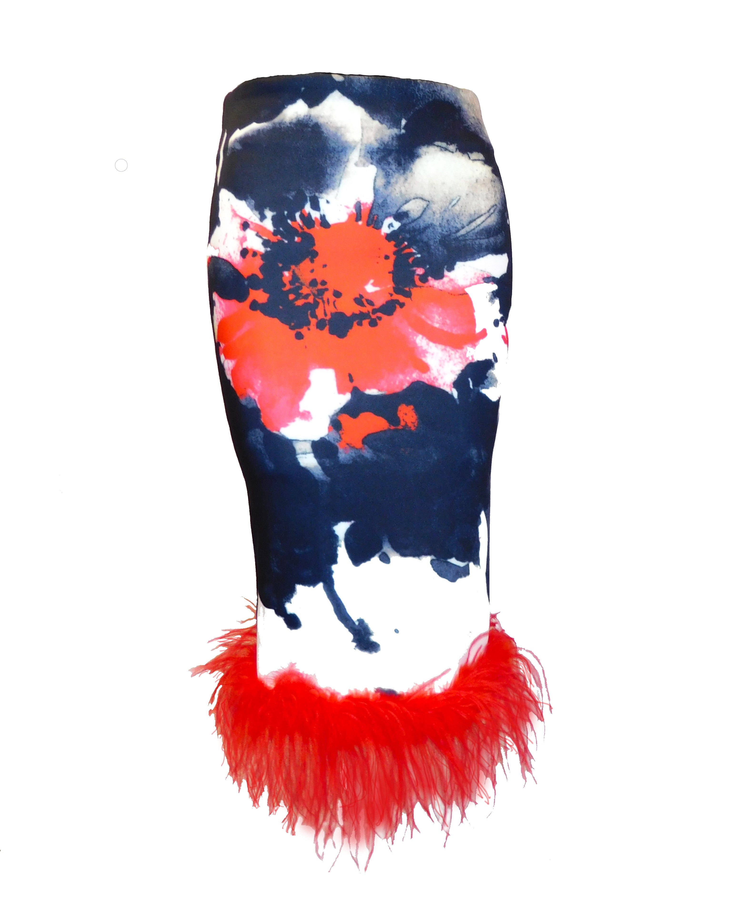 Ostrich Feather Hem Floral Pencil Skirt