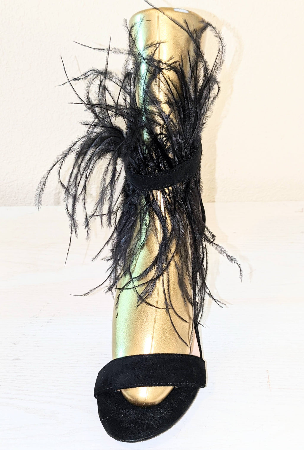 Black Suede and Ostrich Feather Strappy Ankle shoe