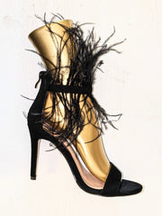 Black Suede and Ostrich Feather Strappy Ankle shoe