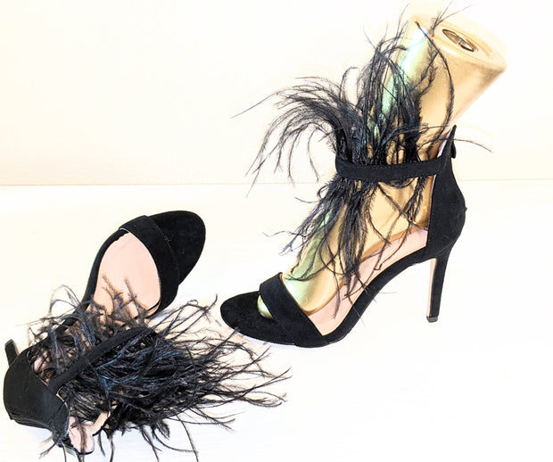 Black Suede and Ostrich Feather Strappy Ankle shoe