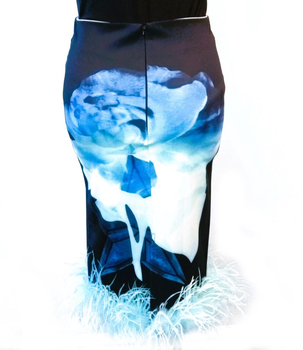 Ostrich Feather Hem Floral Pencil Skirt