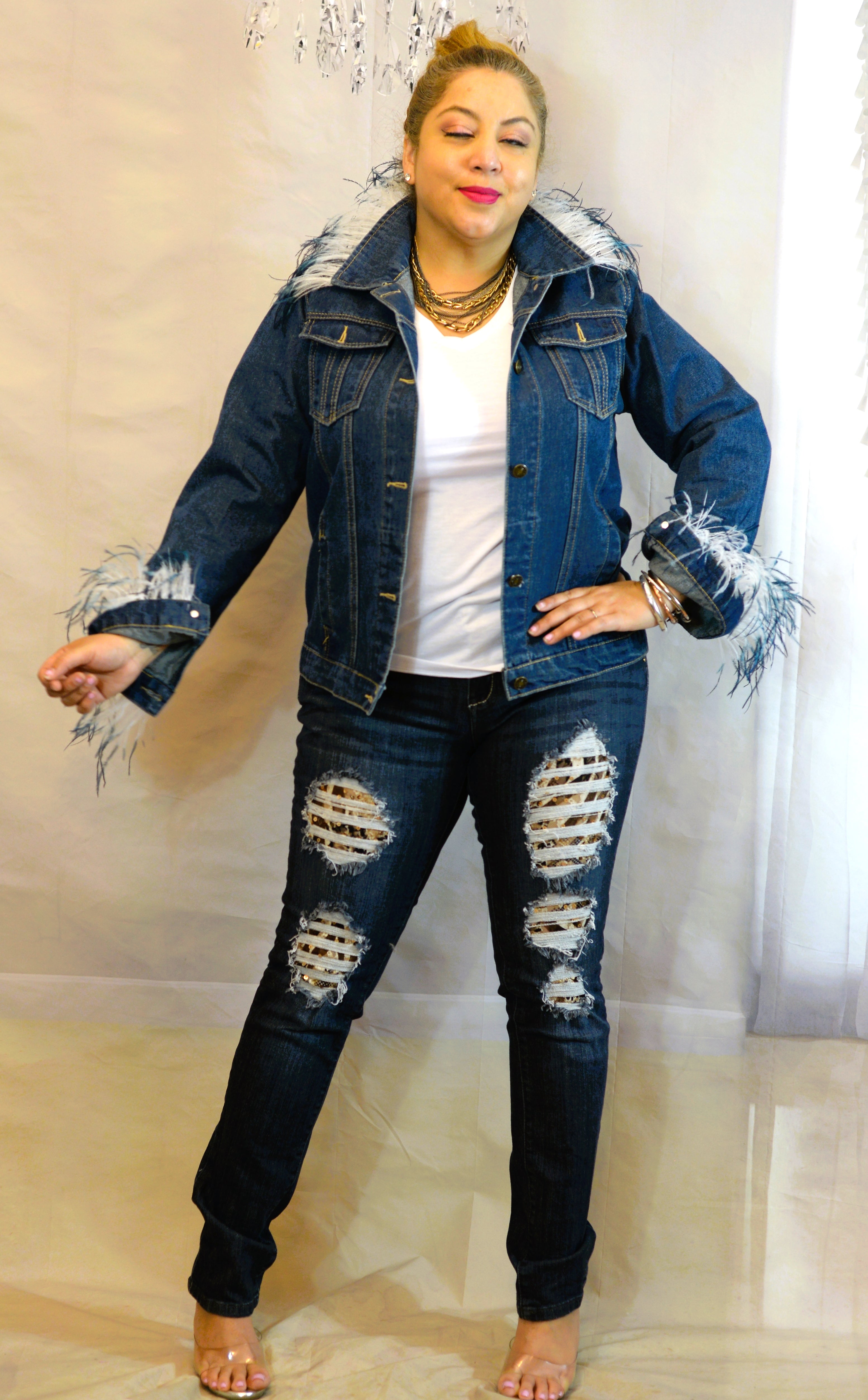 Ostrich Feather Trim Denim Jacket