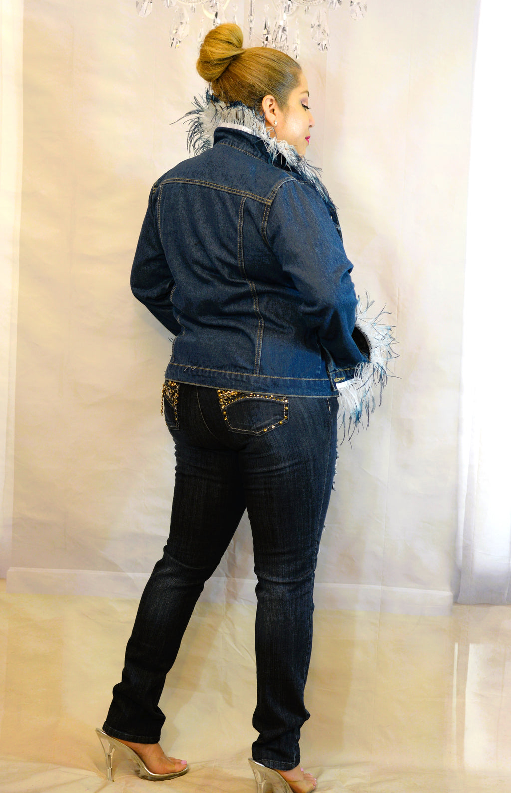 Ostrich Feather Trim Denim Jacket