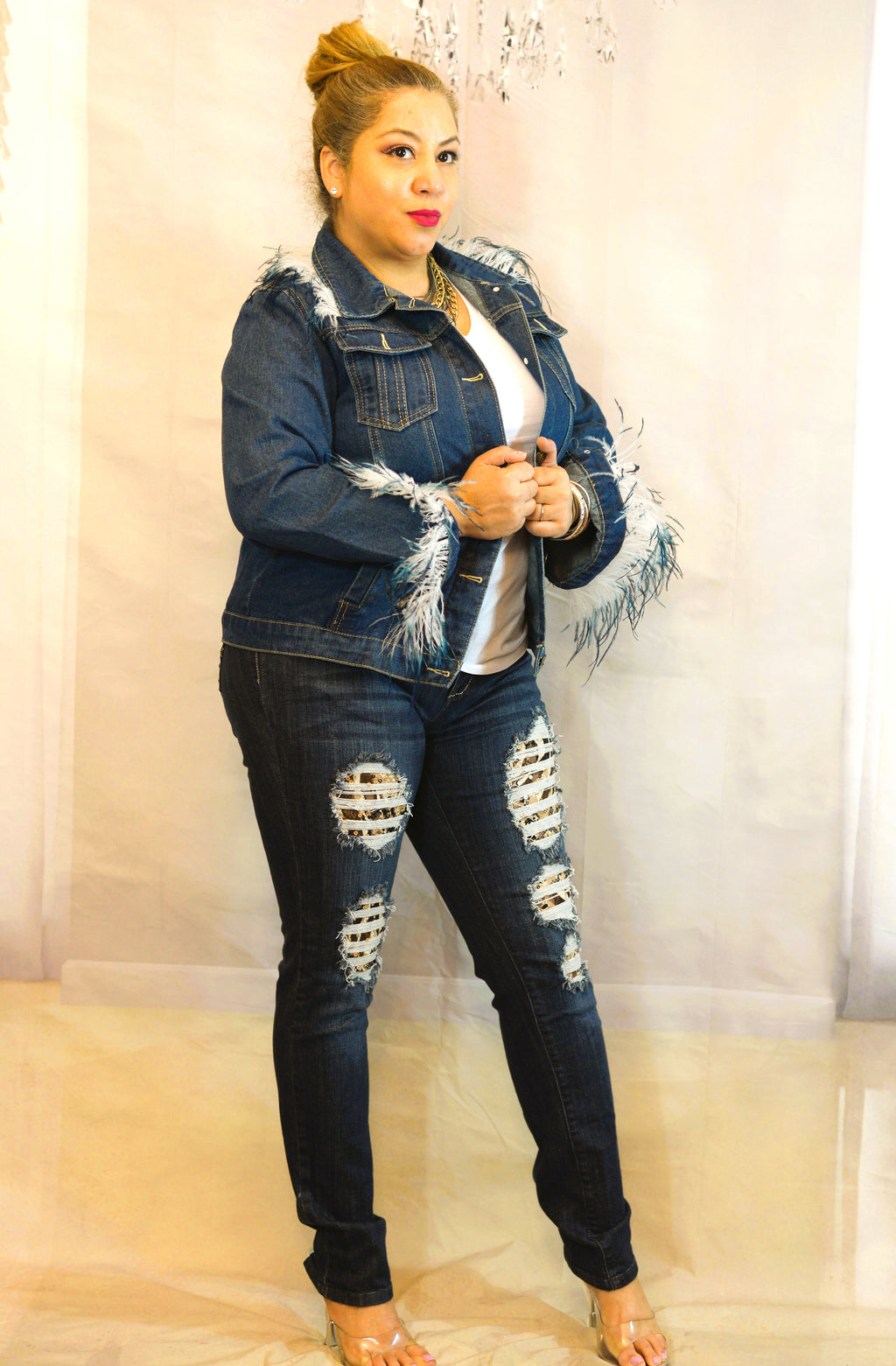 Ostrich Feather Trim Denim Jacket