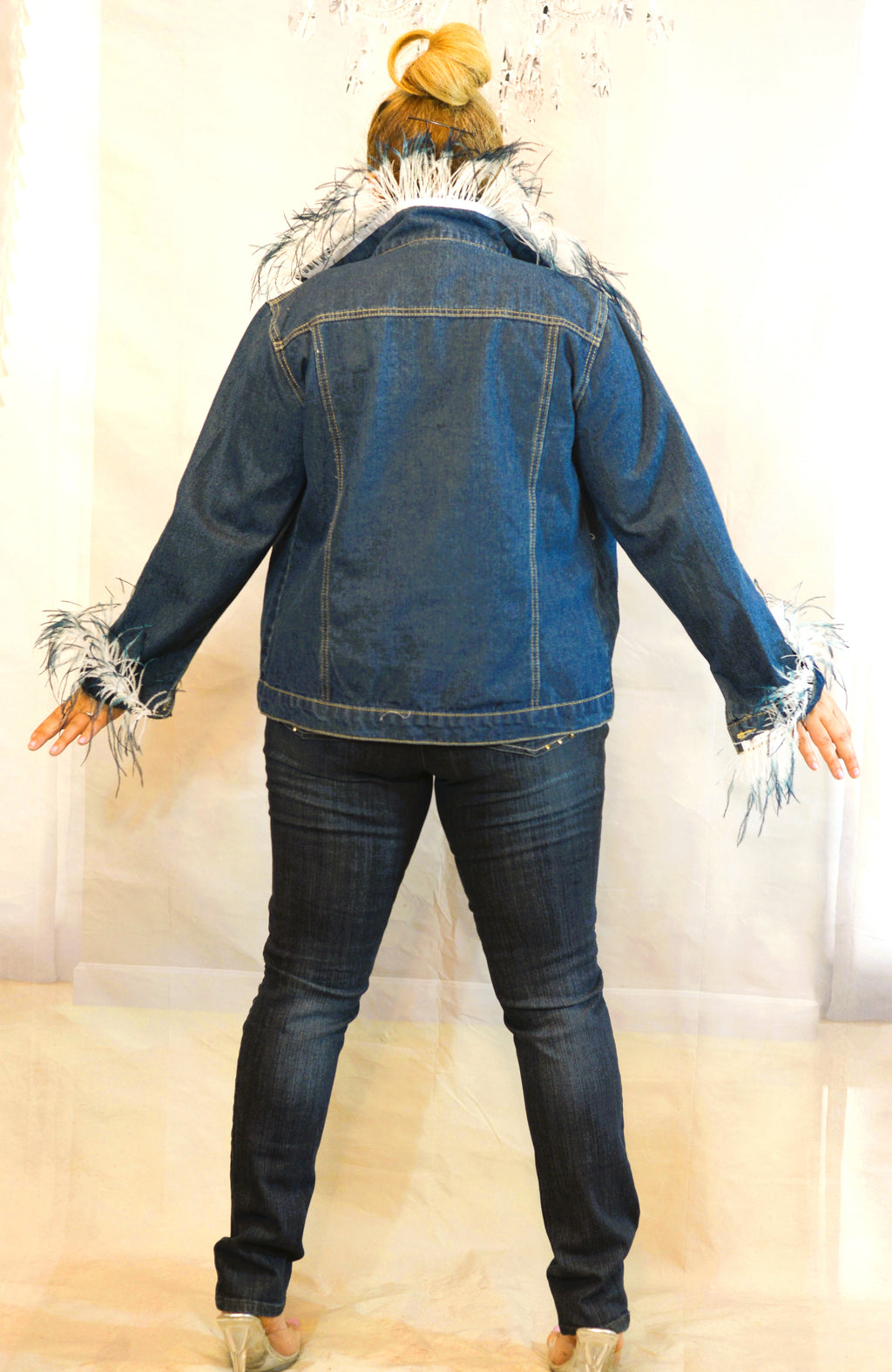 Ostrich Feather Trim Denim Jacket