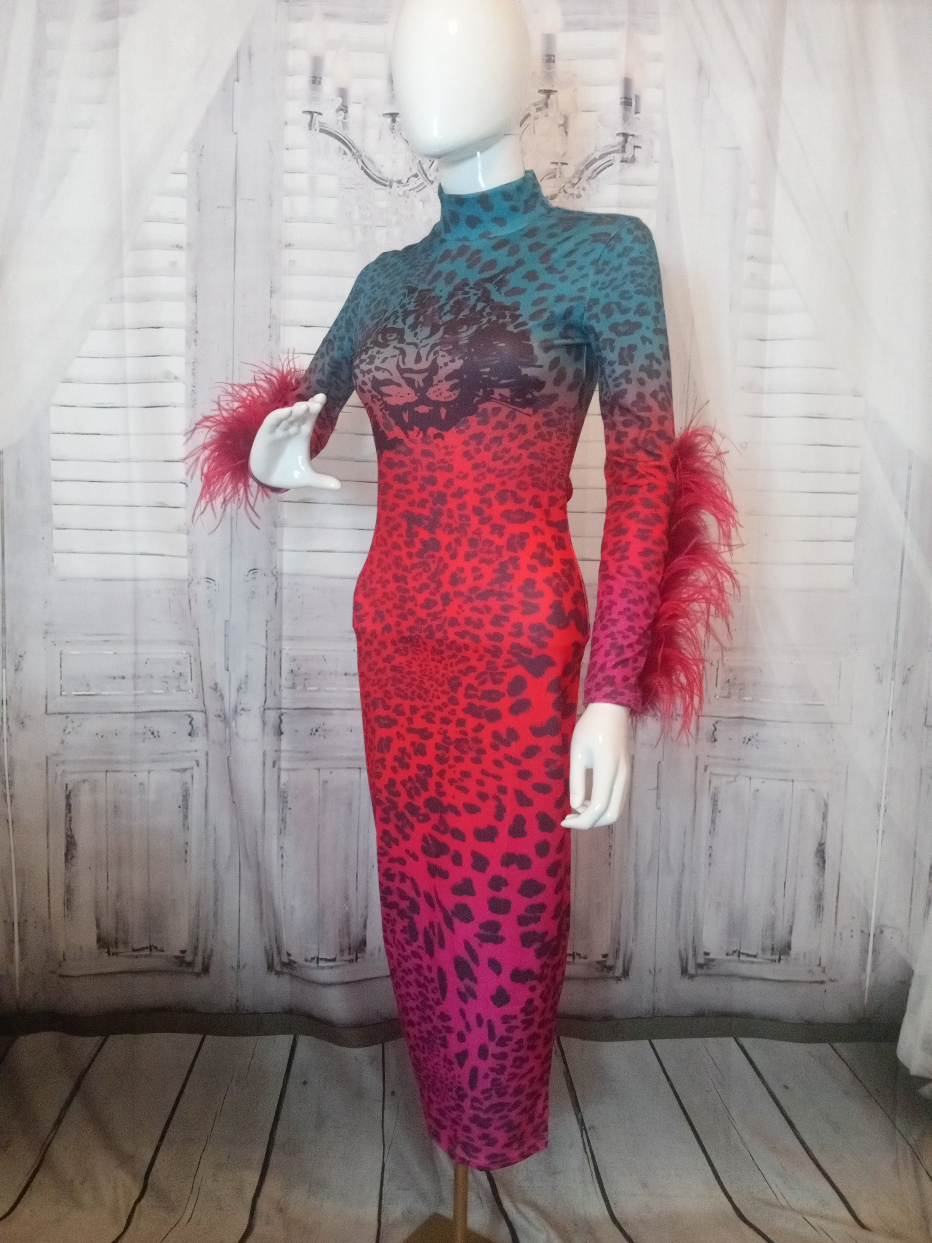 Ostrich Feather Ombre Tiger Bodycon Dress