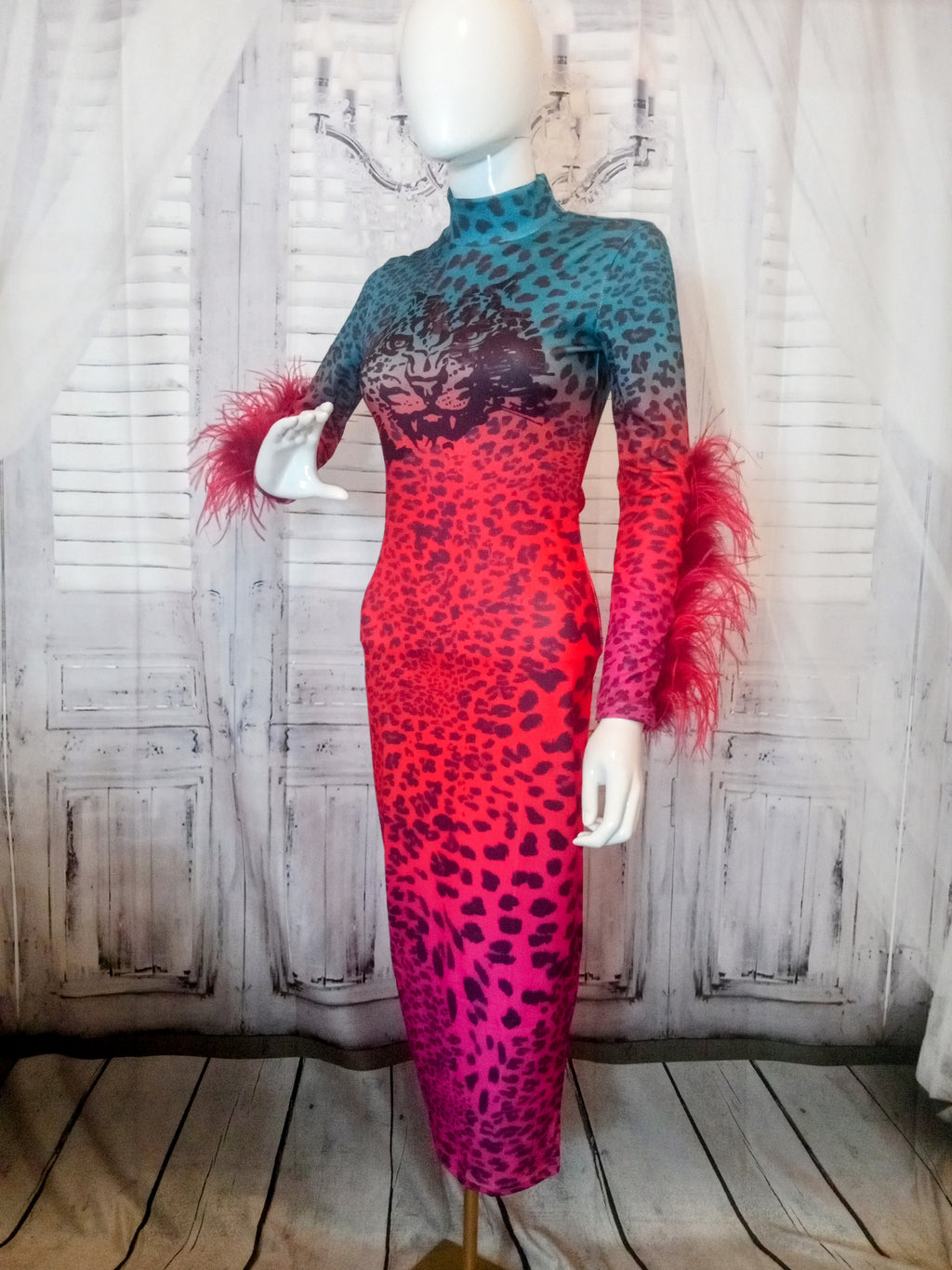 Ostrich Feather Ombre Tiger Bodycon Dress