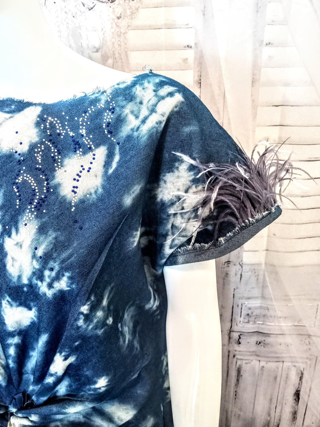 Ostrich Feather fringe Twisted Tie-Dye Denim Tunic