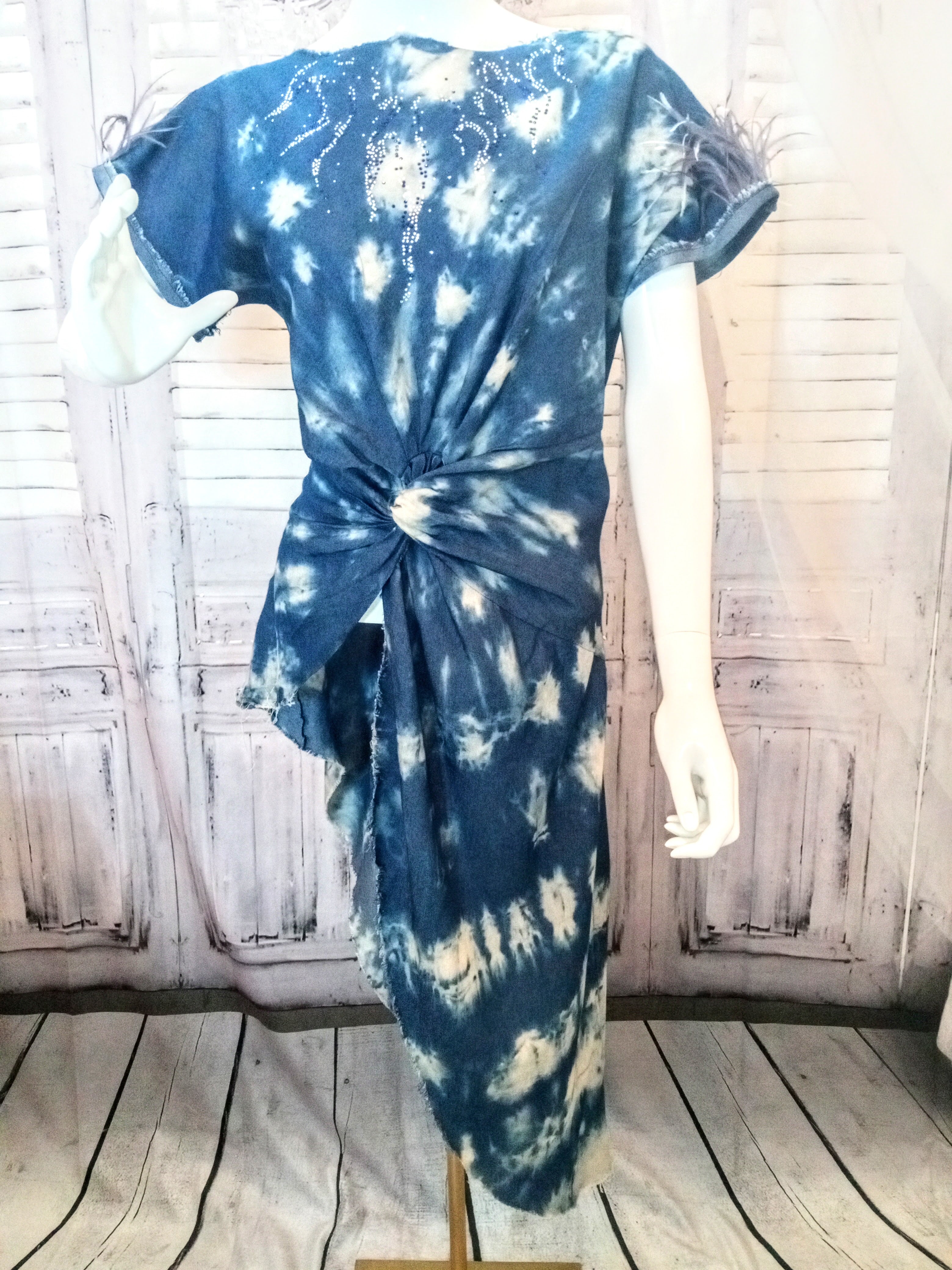 Ostrich Feather fringe Twisted Tie-Dye Denim Tunic