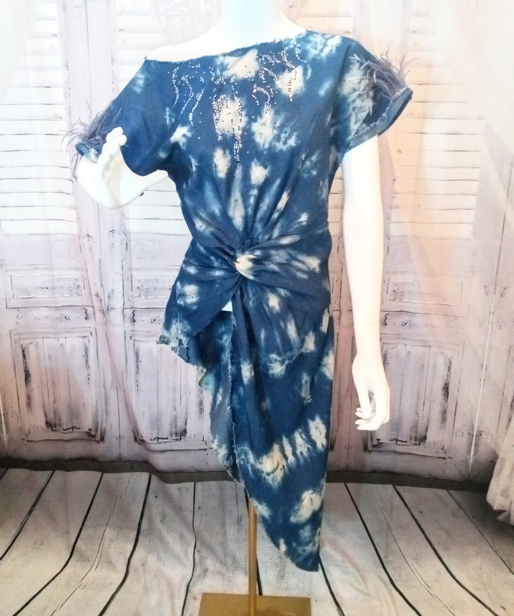 Ostrich Feather fringe Twisted Tie-Dye Denim Tunic