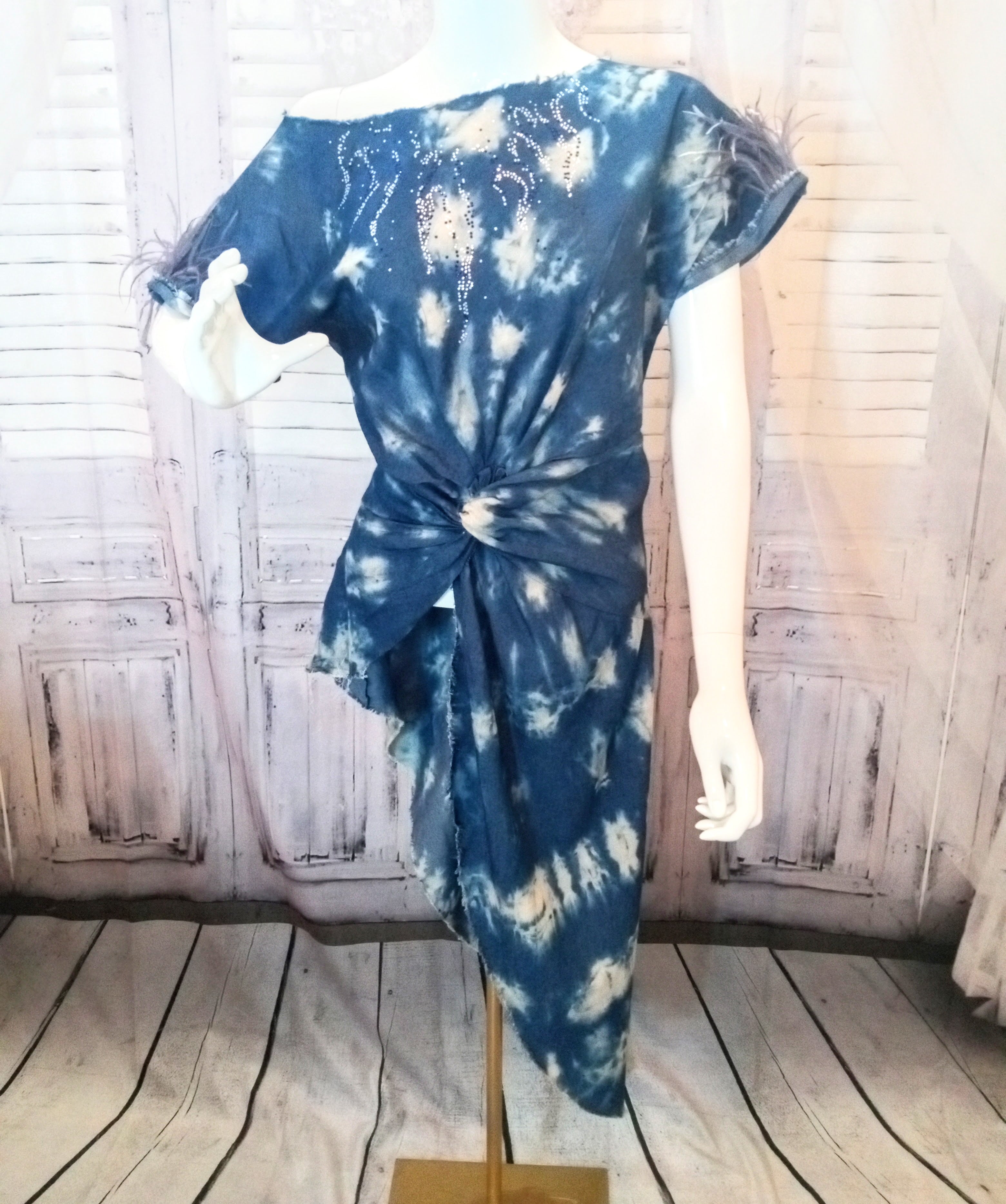 Ostrich Feather fringe Twisted Tie-Dye Denim Tunic