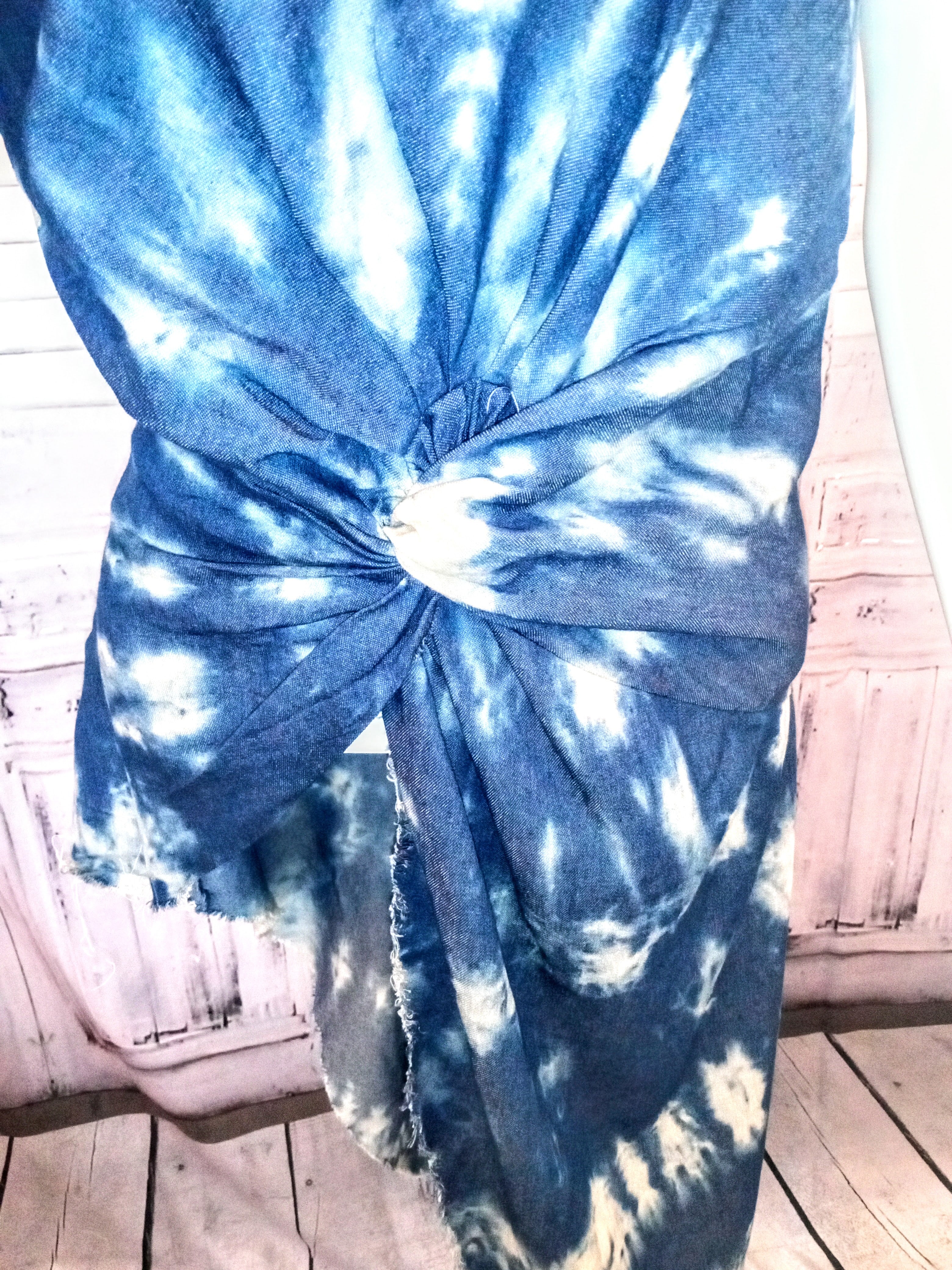 Ostrich Feather fringe Twisted Tie-Dye Denim Tunic