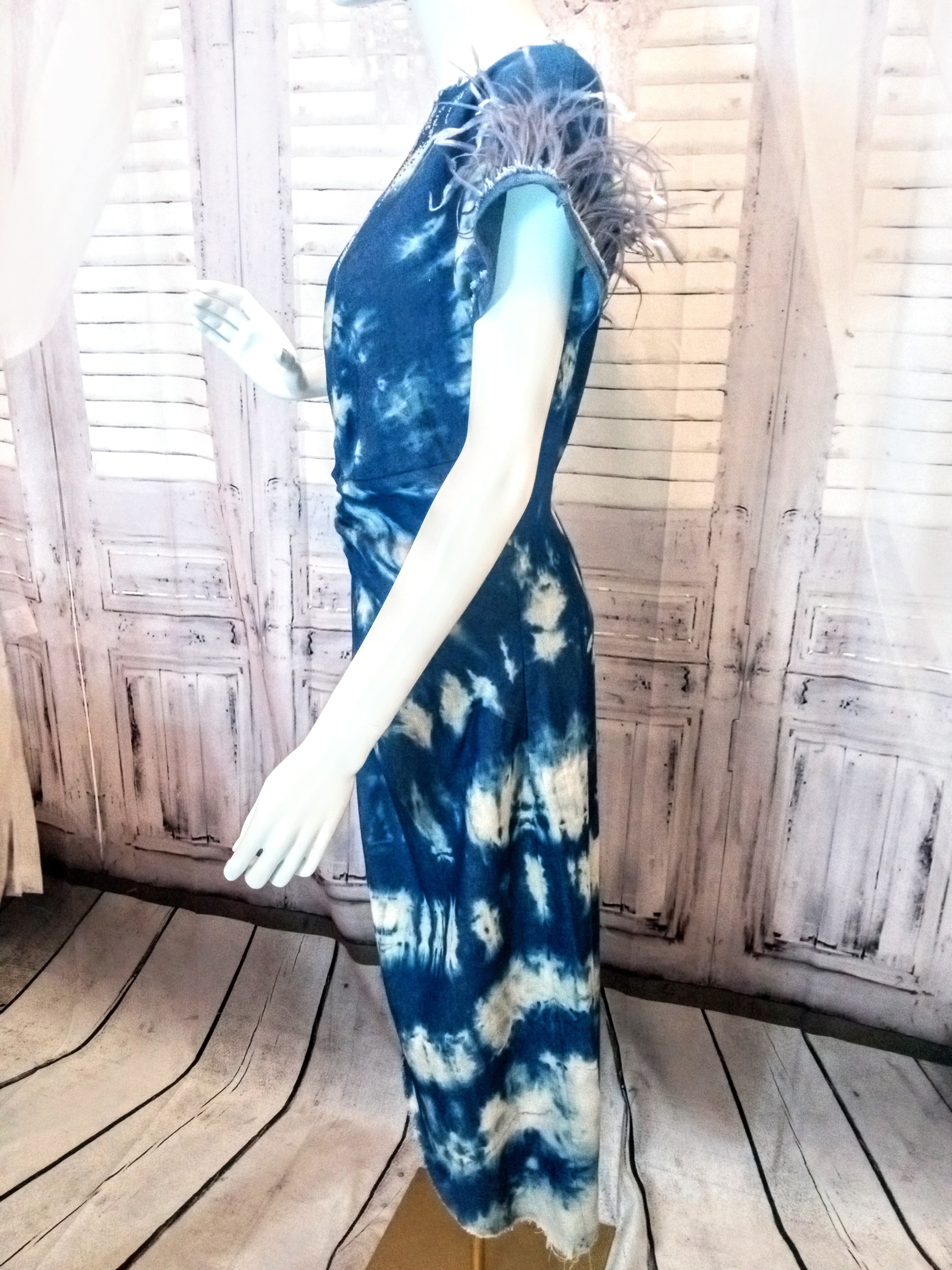 Ostrich Feather fringe Twisted Tie-Dye Denim Tunic