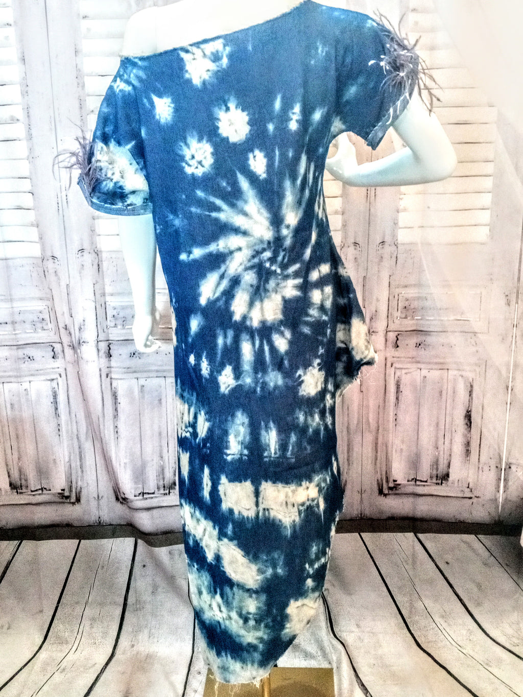 Ostrich Feather fringe Twisted Tie-Dye Denim Tunic