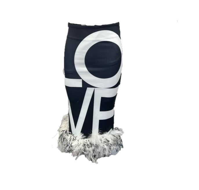 Feather Hem black and white 'LOVE' Pencil Skirt