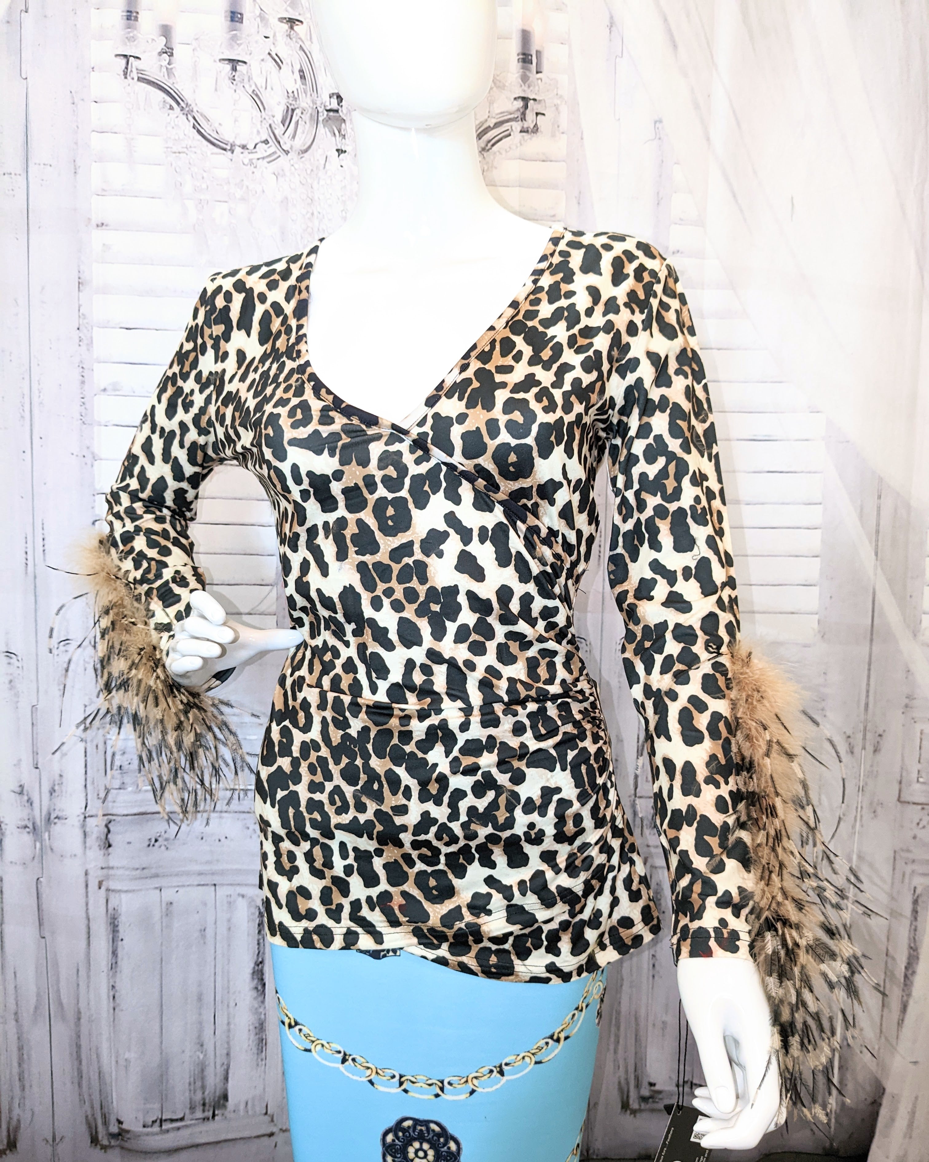 Cheetah Printed V-neck Top with Ostrich Feather Trim Sleeves