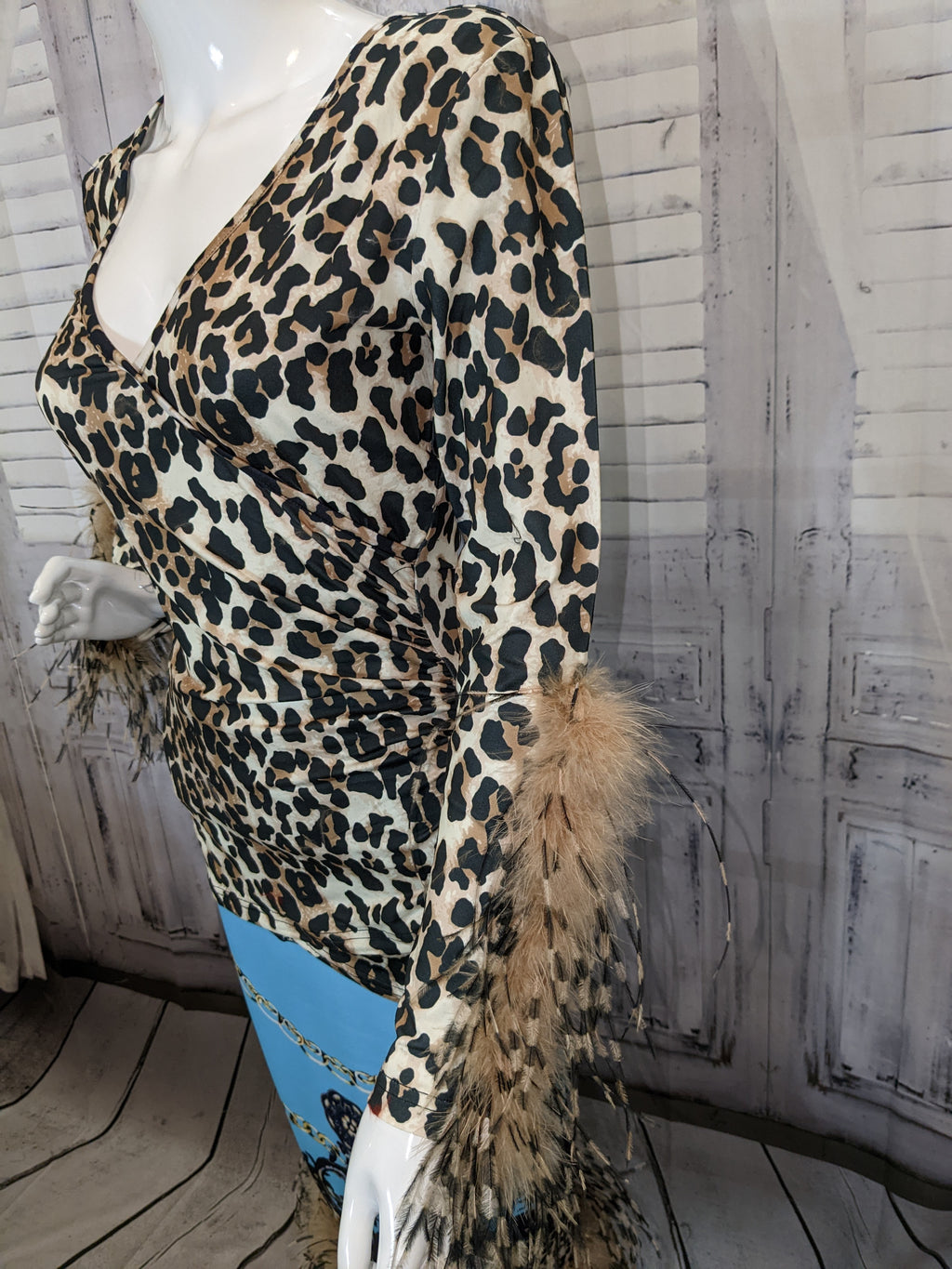 Cheetah Printed V-neck Top with Ostrich Feather Trim Sleeves