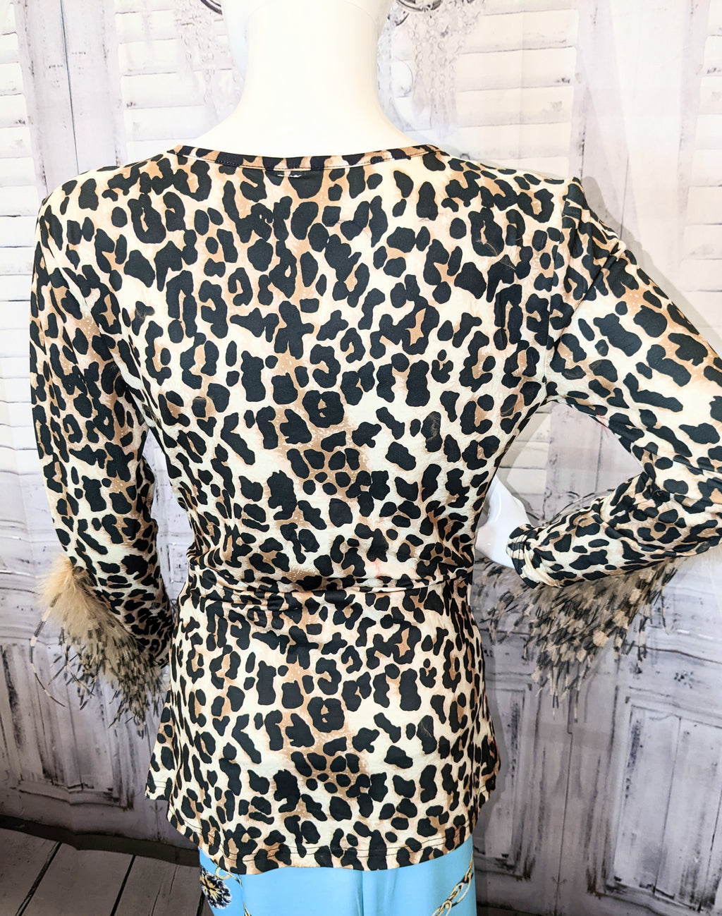 Cheetah Printed V-neck Top with Ostrich Feather Trim Sleeves