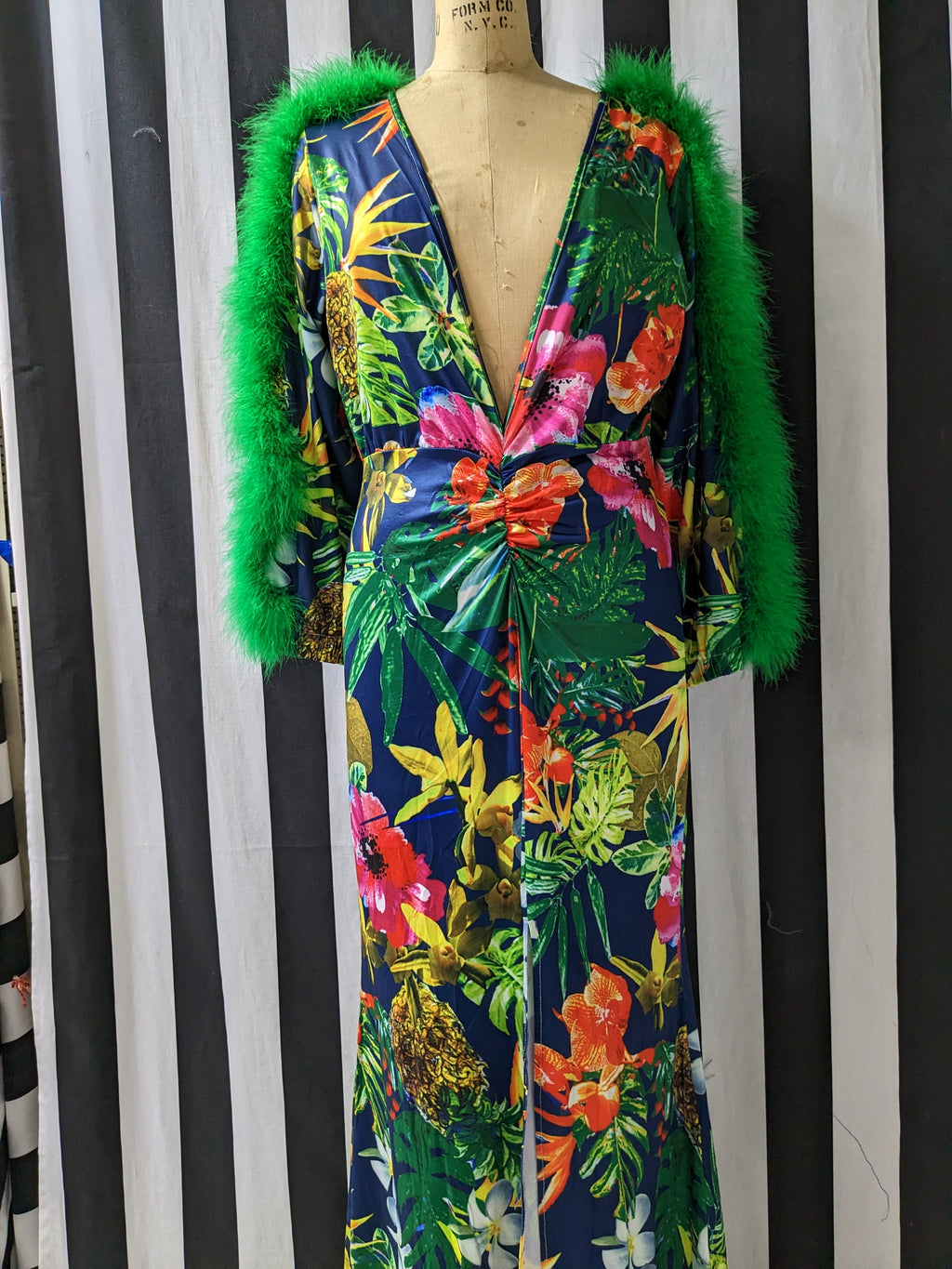 Faux Fur Feather Trim Sleeve Floral Maxie Dress