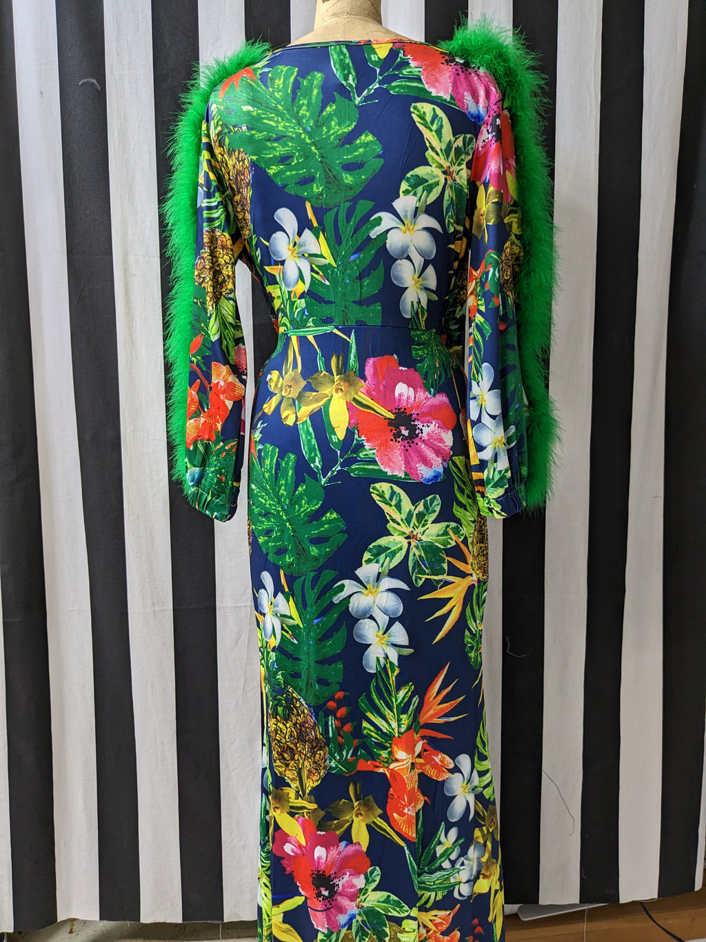 Faux Fur Feather Trim Sleeve Floral Maxie Dress