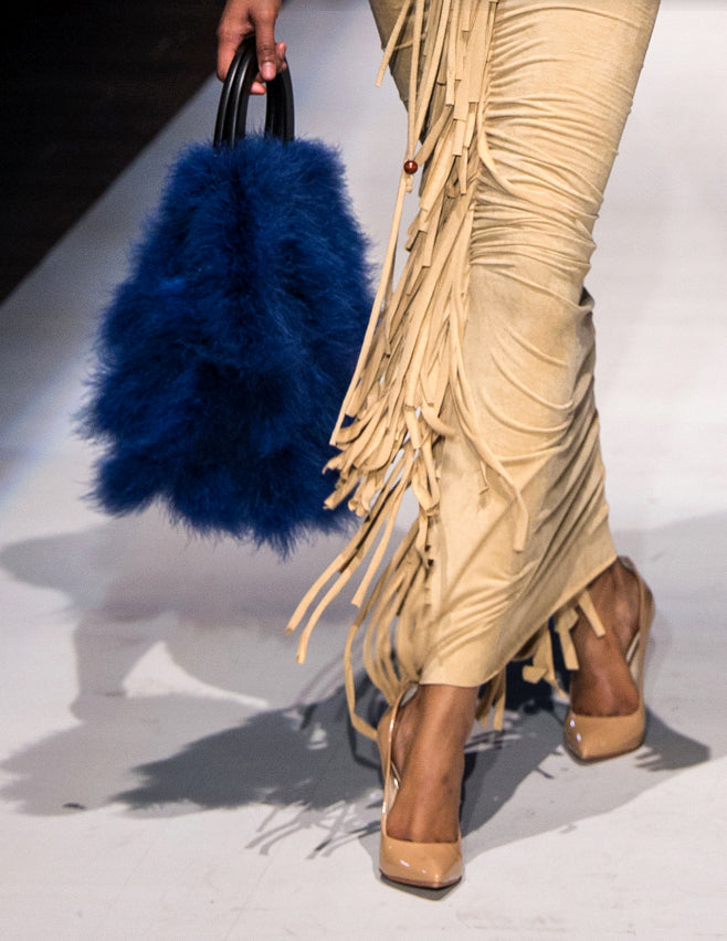 Feather handbag faux fur 'tails' with wood arch handle