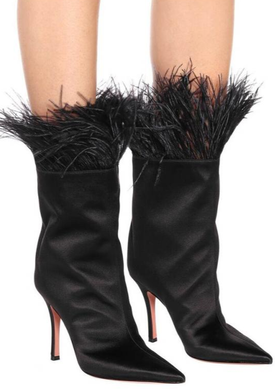 Ostrich Feather Trimmed Satin Boots