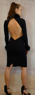Bodycon Open back Dress with Marabou Feather collar & Cuffs